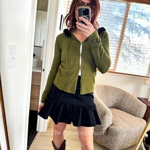 Vintage Y2K Angora Trim Olive Hoodie Cardigan by Planet Gold (S)